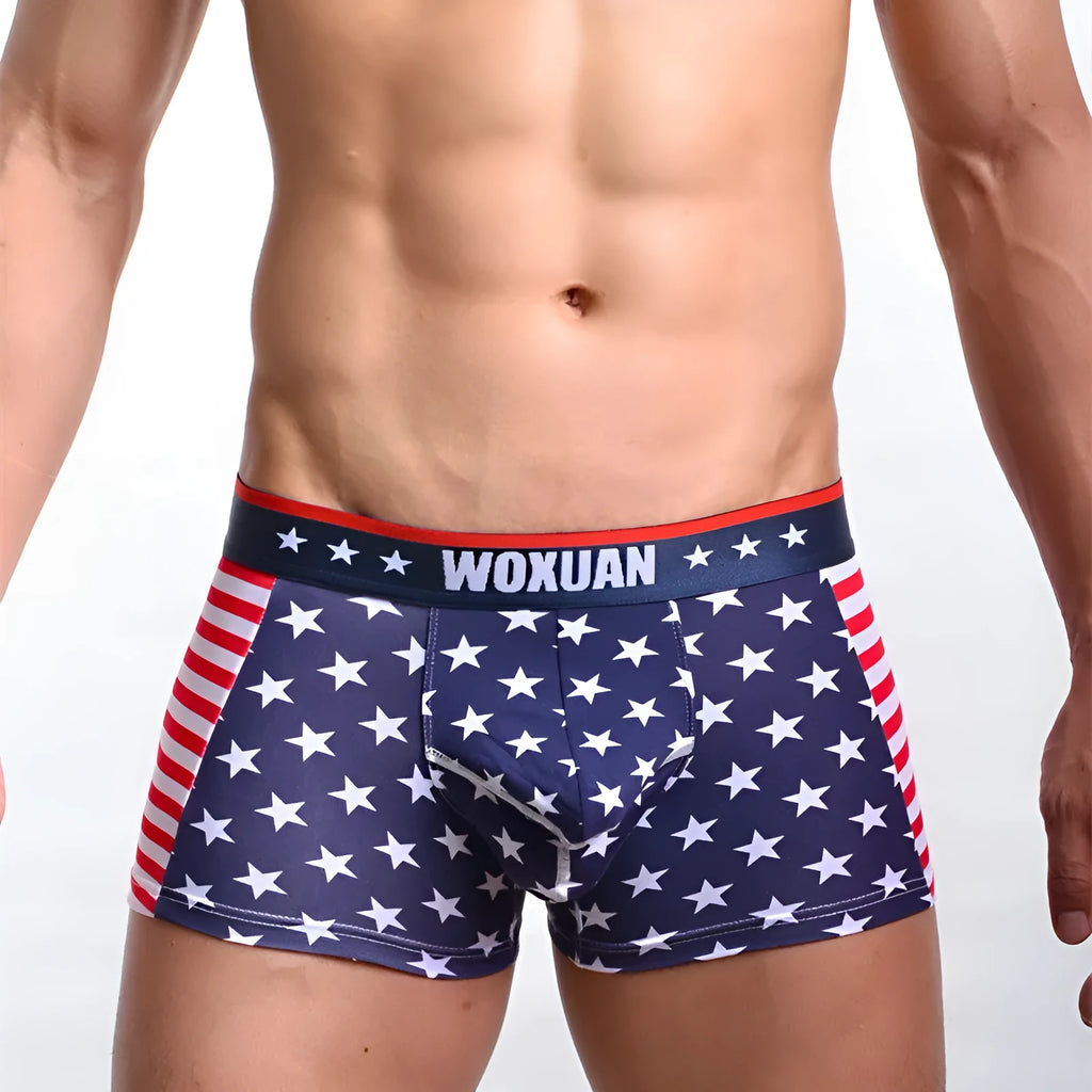 American flag printed ribbed boxers in red, cotton spandex blend, sizes S-XL
