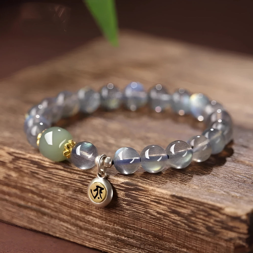 Birth Buddha Beads bracelet with 8mm moonstone crystal beads featuring Thousand-Hand Kwan-yin mouse zodiac modelling