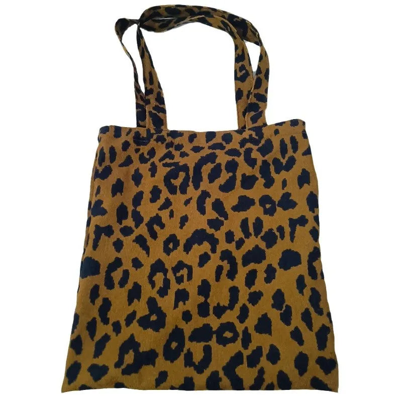 Retro corduroy leopard print shoulder bag with soft vertical square shape and open outer pocket