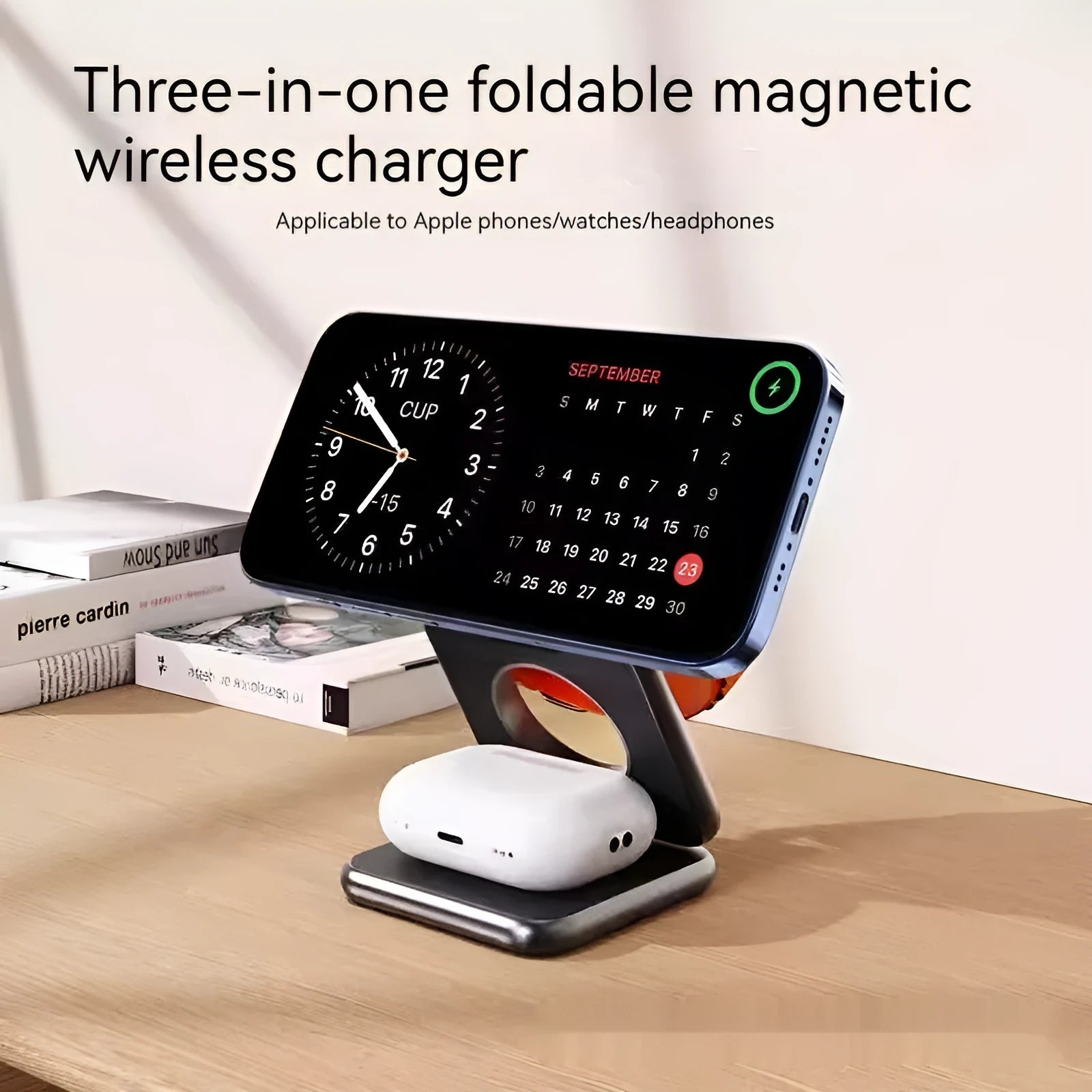 Black foldable magnetic wireless phone charger showing compact 70x70mm design with QC3.0 fast charging
