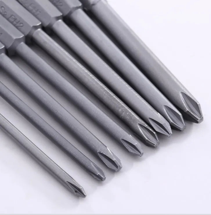 Set of eight long silver magnetic Phillips screwdriver bits with hex shanks on a white background.