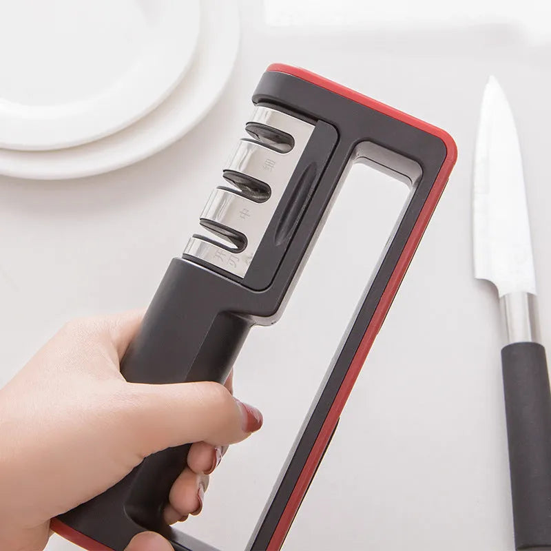 Professional black and red 3-stage knife sharpener with non-skid rubber feet