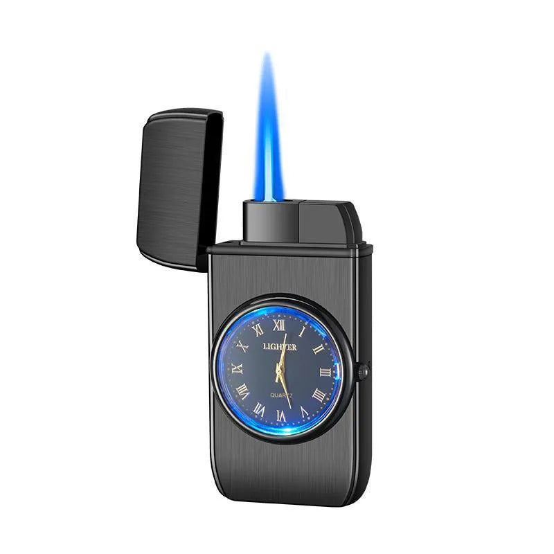 Black brushed zinc alloy watch-style windproof torch lighter with integrated light and butane refillable fuel, 76x38x155mm