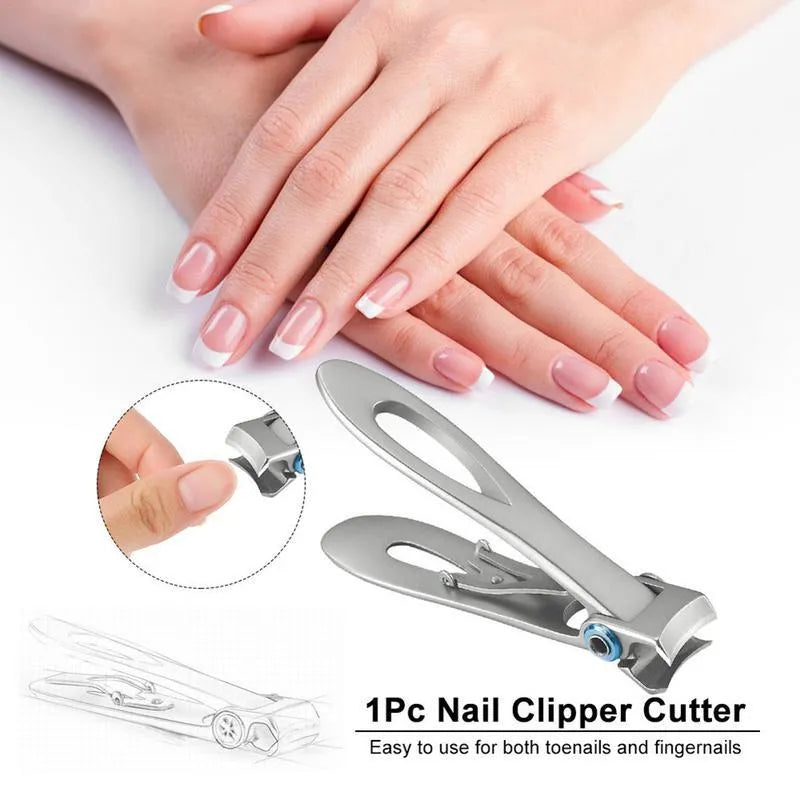 Silver stainless steel thick nail clippers with curved blades and ergonomic handle on white background