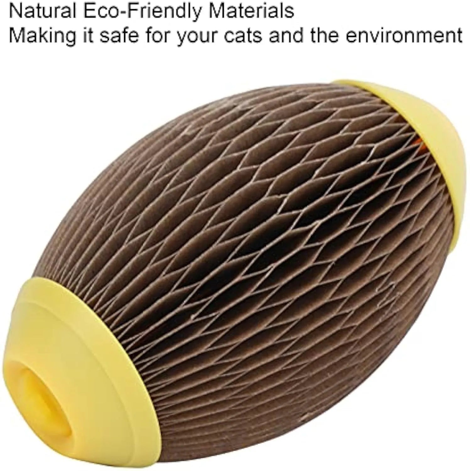 Ellipse-shaped catnip ball toy made of recycled corrugated paper for scratching and play.