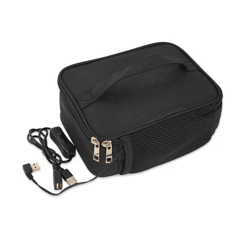 Black USB heating lunch thermal bag with Oxford cloth construction and power connection