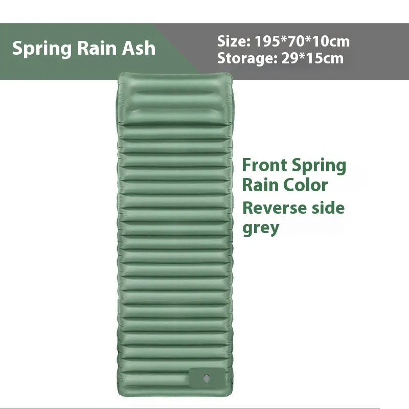 Inflatable camping mattress showing waterproof 40D nylon TPU material and included inflation pump