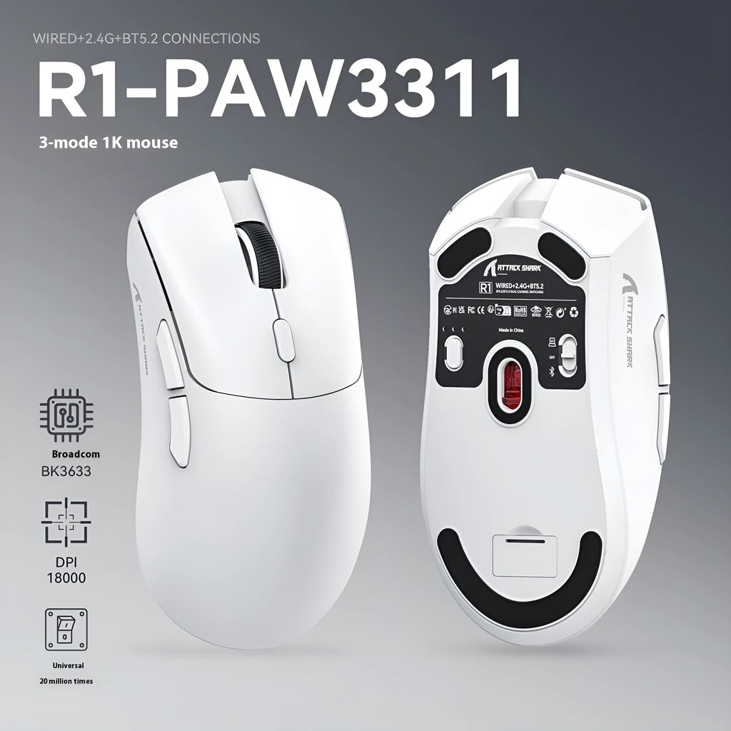 Attack Shark wireless Bluetooth gaming mouse in black, white, or red with three connection modes