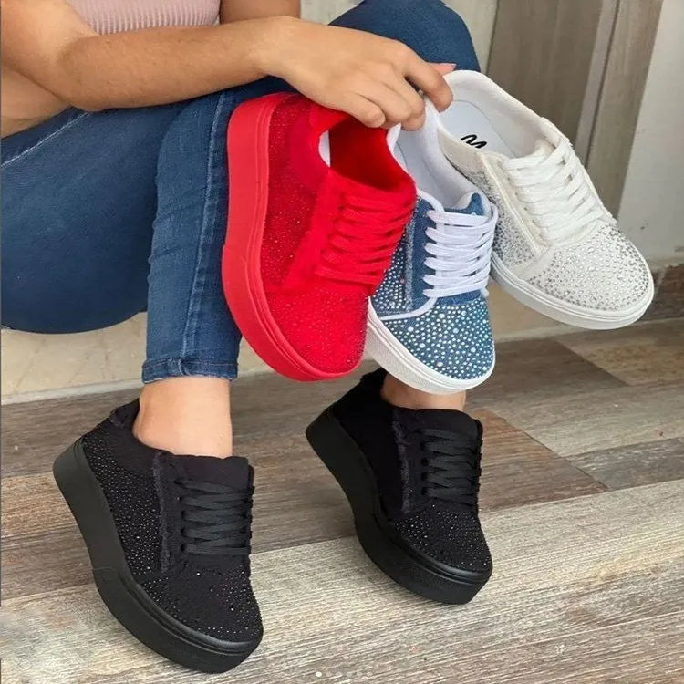 Plus size women's black lace-up casual shoes with rhinestone detail and thick rubber sole.