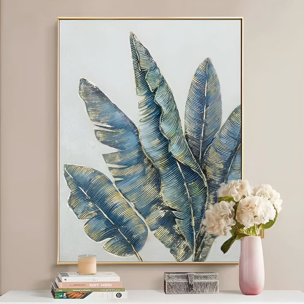 Hand-painted abstract green and golden banana leaves canvas wall art, rolled and frameless, on a white background