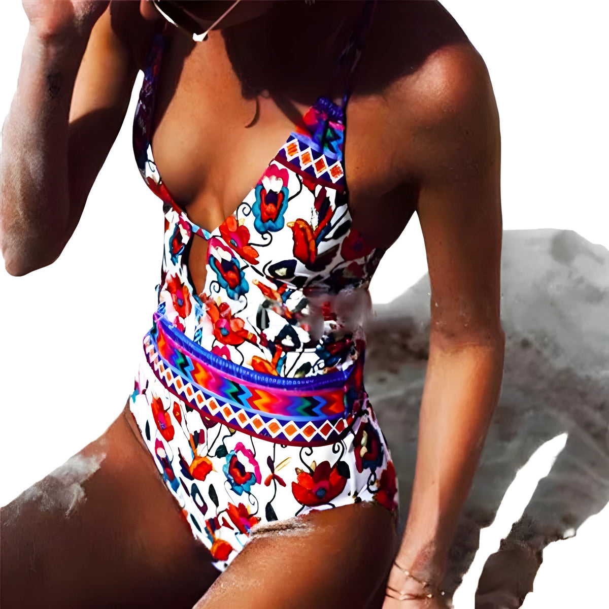Bandage one-piece swimsuit with floral pattern, open back, chest pad, polyester and cotton lining, sizes S-XL.