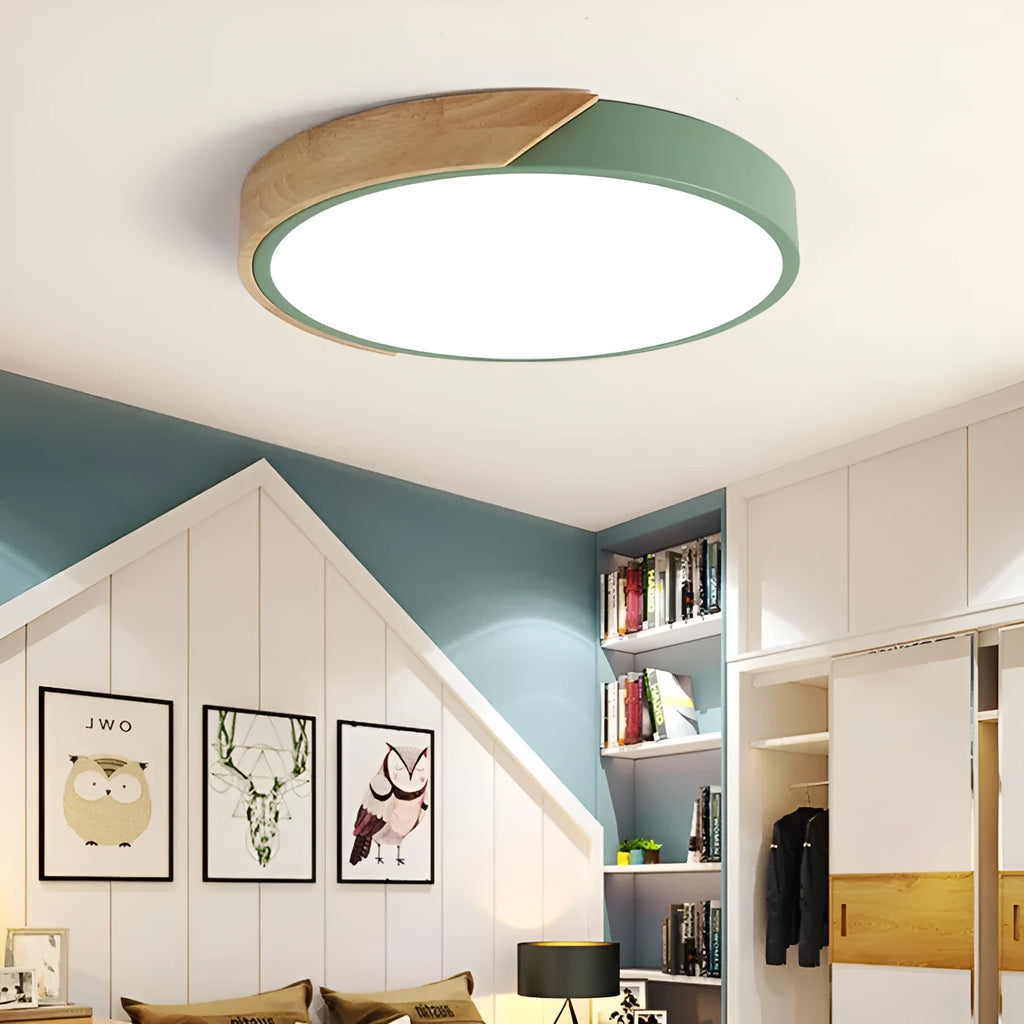 Round 30cm macaron-shaped LED ceiling light with plastic shade in multiple colour options