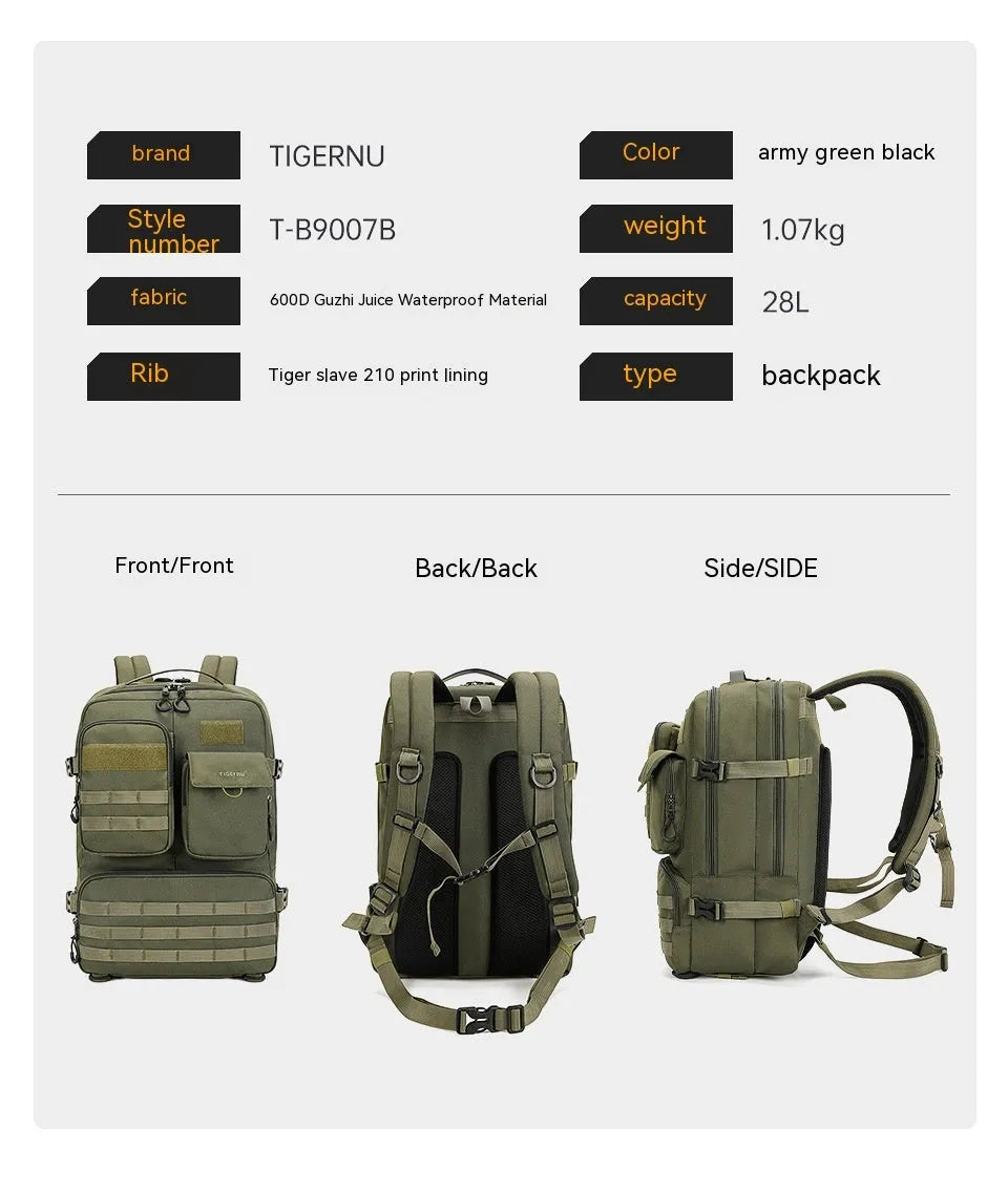 Army green tactical backpack with waterproof nylon construction showing 17-inch size and organisational compartments