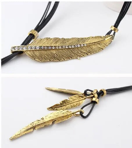 Black leather rope multilayer feather leaf tassel pendant necklace in ancient silver and black on horse whip chain