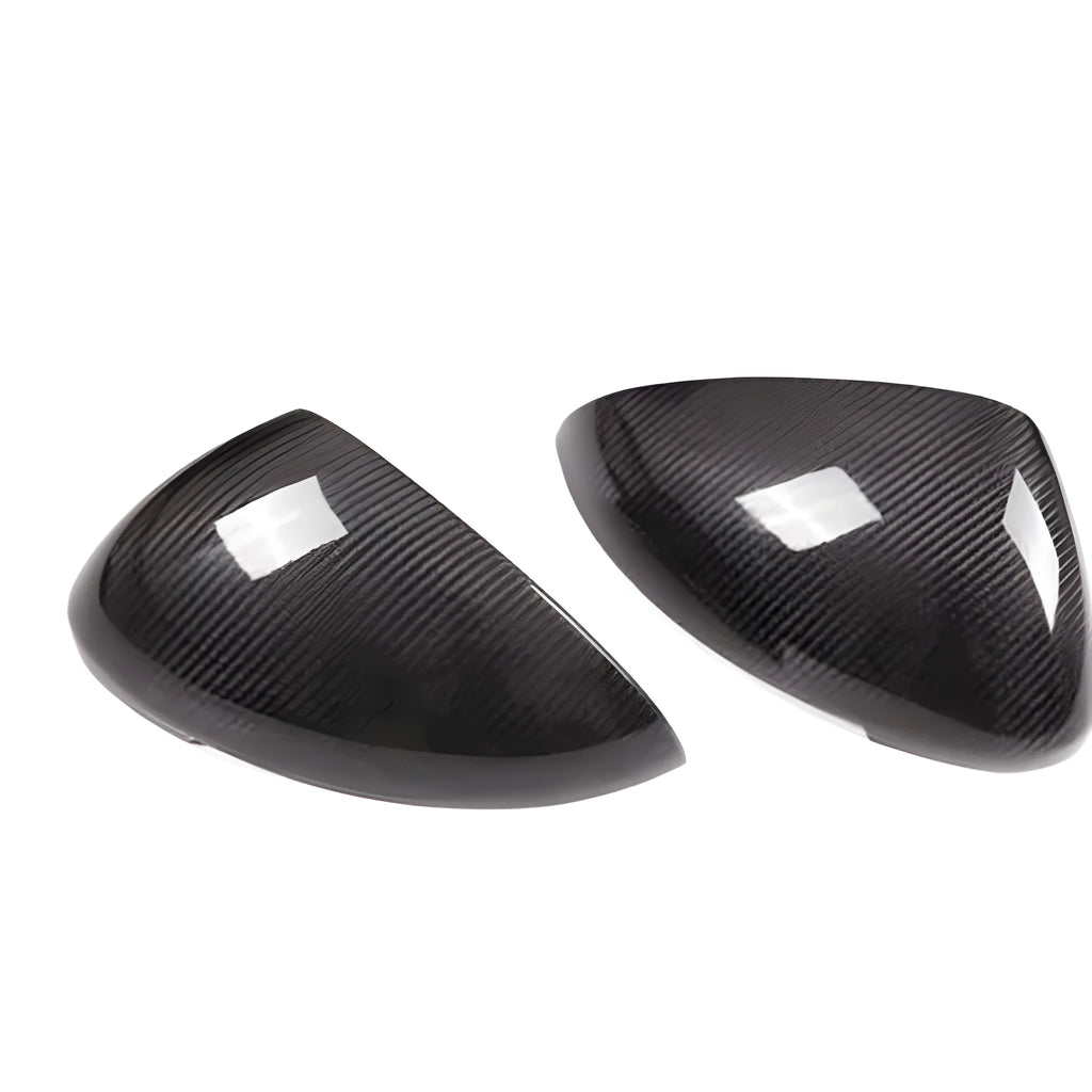 Black true carbon fibre rearview mirror covers for Porsche Macan with precise dimensional fit
