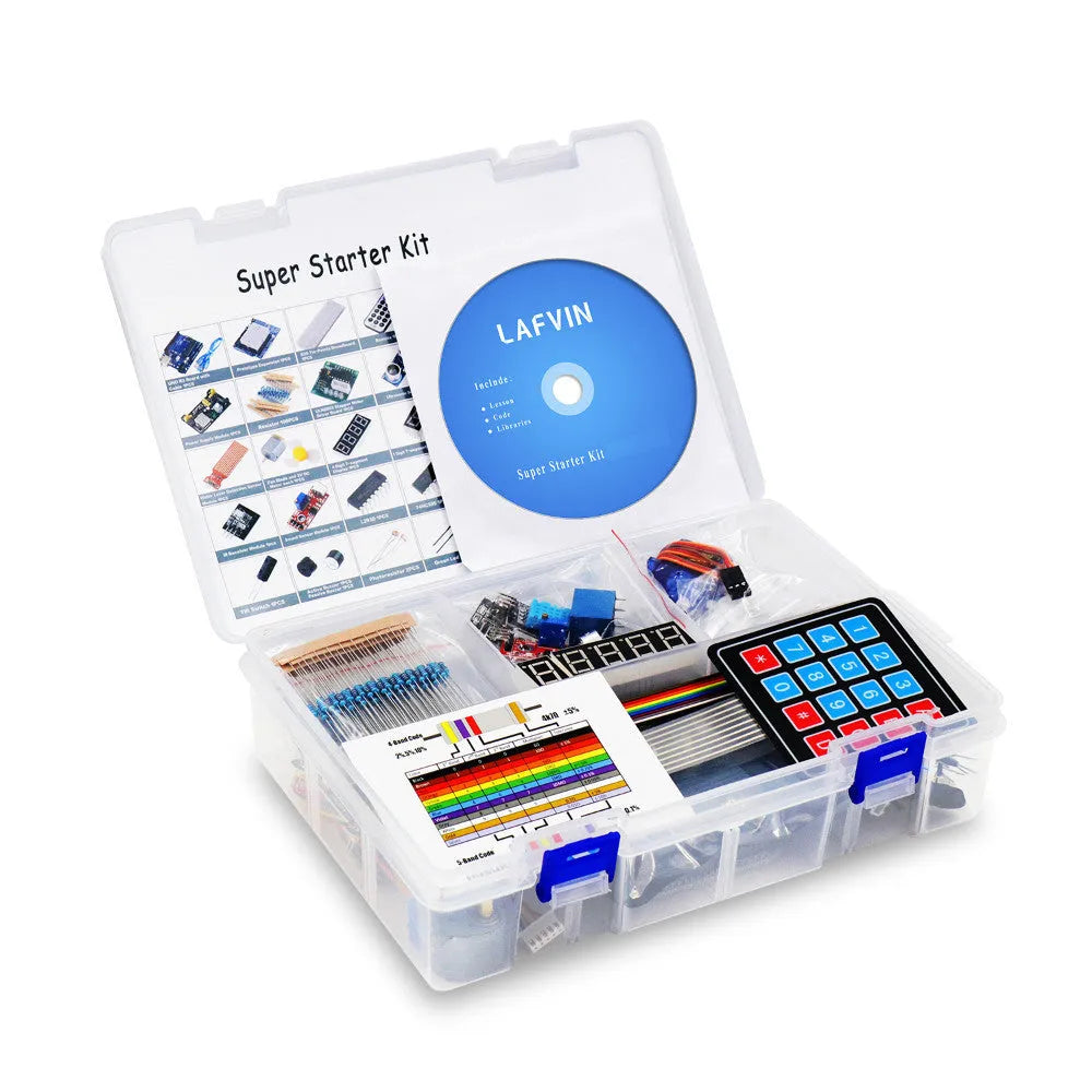 LAFVIN Arduino UNO R3 Super Starter Kit showing blue development board, breadboard, LEDs, sensors, and motors