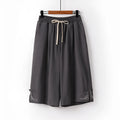 Cotton wide-leg linen leisure shorts with elastic mid waist and embroidery detail