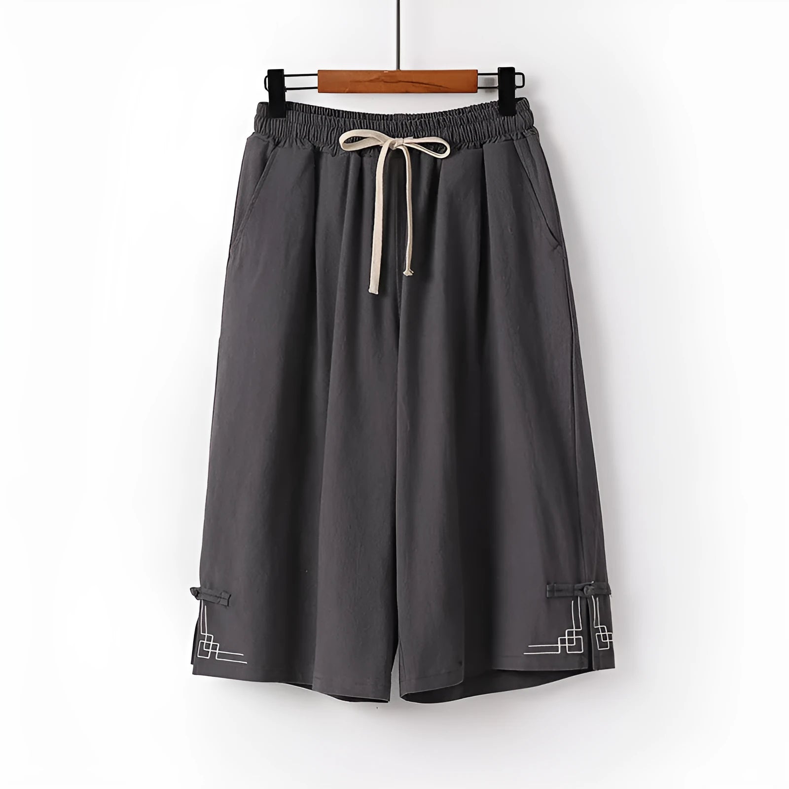 Cotton wide-leg linen leisure shorts with elastic mid waist and embroidery detail