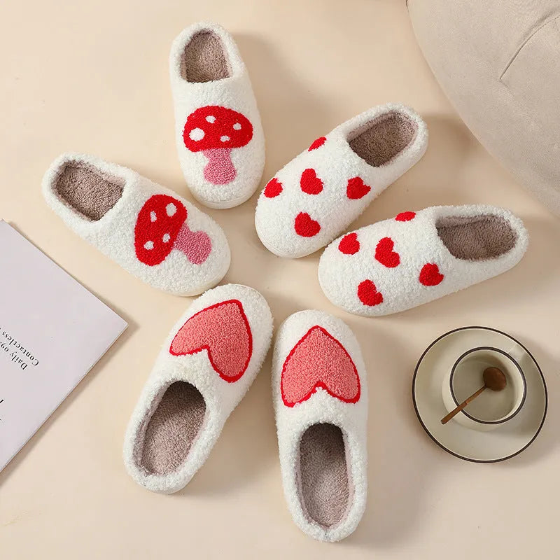 Women's cartoon love style plush slippers with non-slip PVC soles in multiple colour options