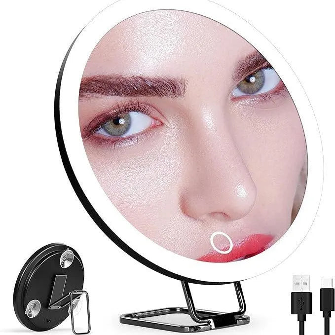 Charging LED fill light makeup mirror with rotating bracket stand tweezers and scissors in white