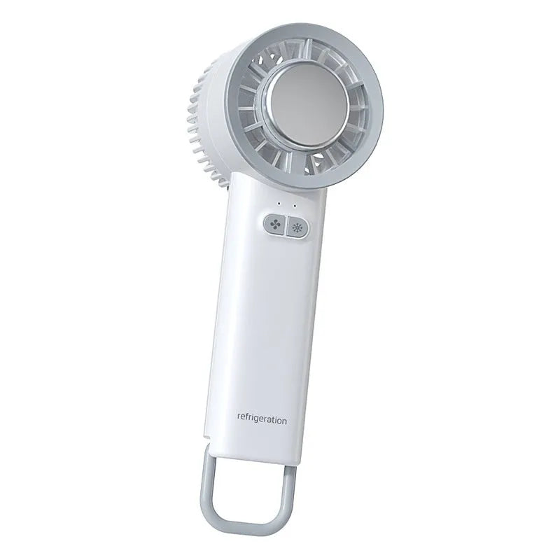 Handheld turbo jet fan in white or light blue colour with compact portable design for personal cooling