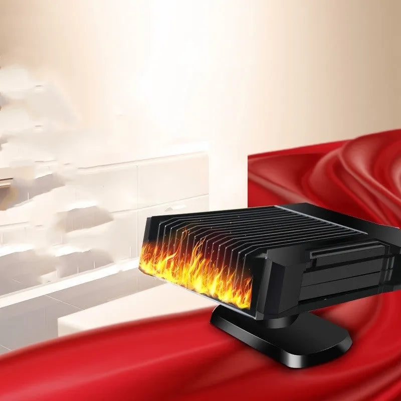 Black 12V car heater defroster fan with ABS plastic housing, plugging into cigarette lighter socket