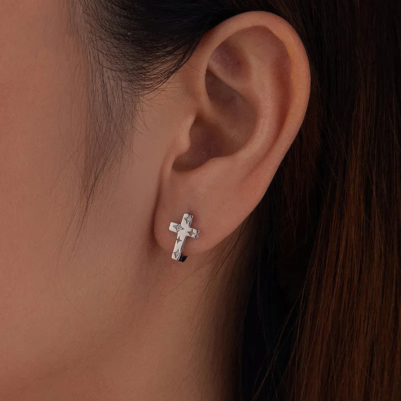 S925 sterling silver star cross ear clip for women, clip-on non-piercing design, European American style