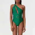 Women's one-piece swimsuit with gauze skirt in multiple shoulder strap styles including double shoulder and oblique shoulder designs