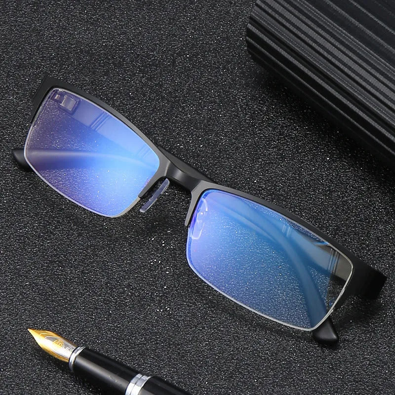 Men's half-frame myopia glasses with metal frame in simple style, available in black blue grey with minus lenses -0.50 to -6.00