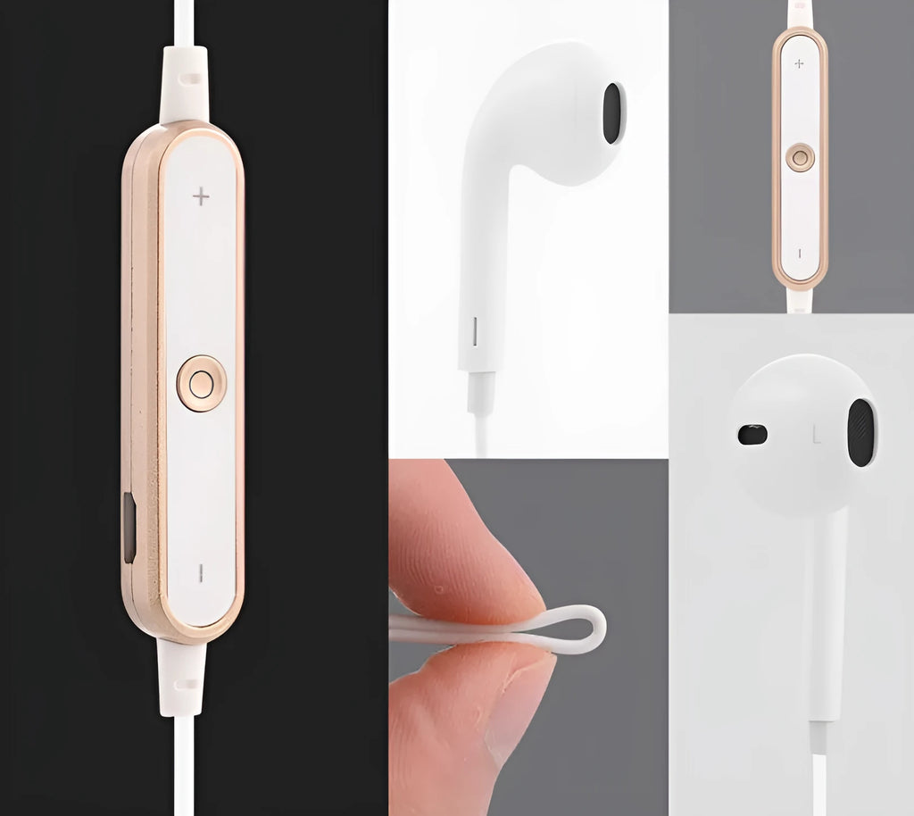 Black Bluetooth wireless headset with 41mm charging case for iPhone compatibility.