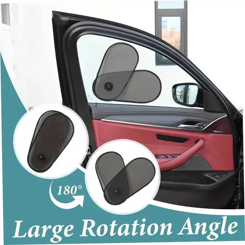 Black stretchy car side window sunshade fitted on a car door, showing suction cups and mesh fabric.