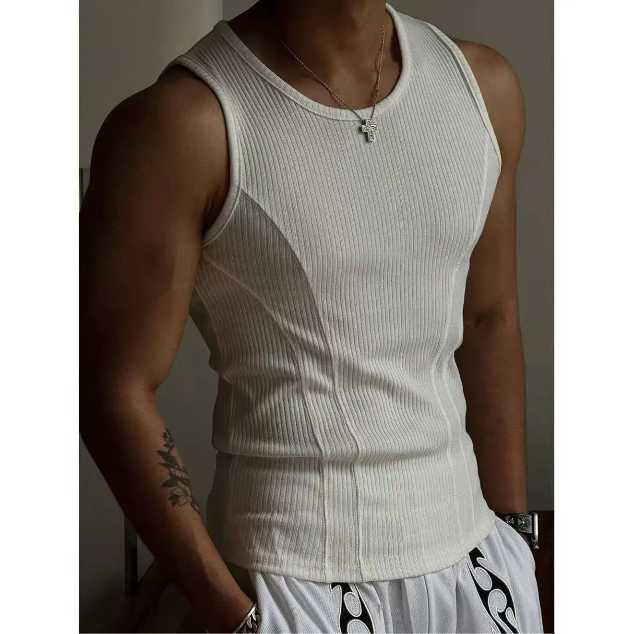 Men's tight fit black vest with American stitching I-shaped design on chest