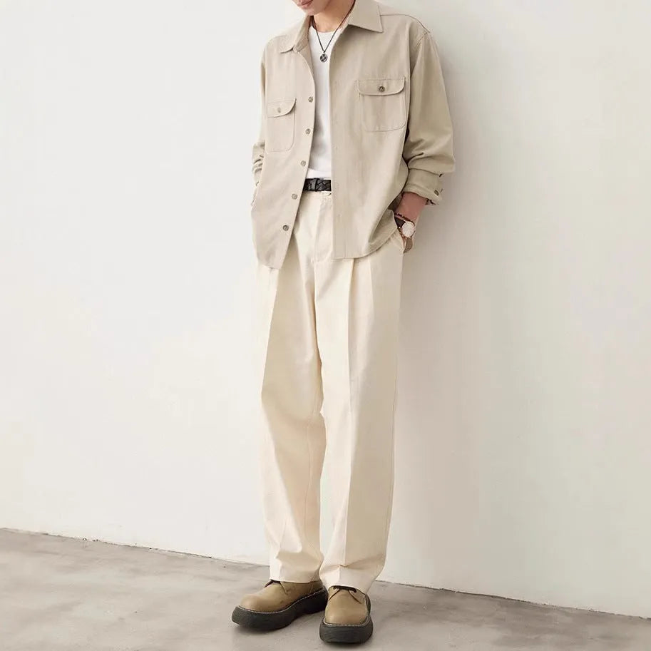 Men's simple lapel shirt in chemical fibre blend, shown in light sand rice colour