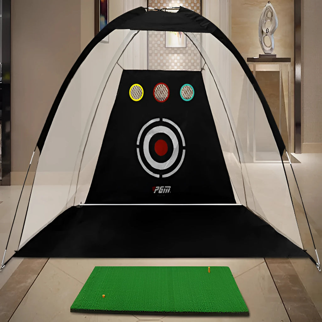 Golf practice net in green, 2m size, with 210D Oxford cloth and 170g polyester mesh, suitable for indoor and outdoor use.