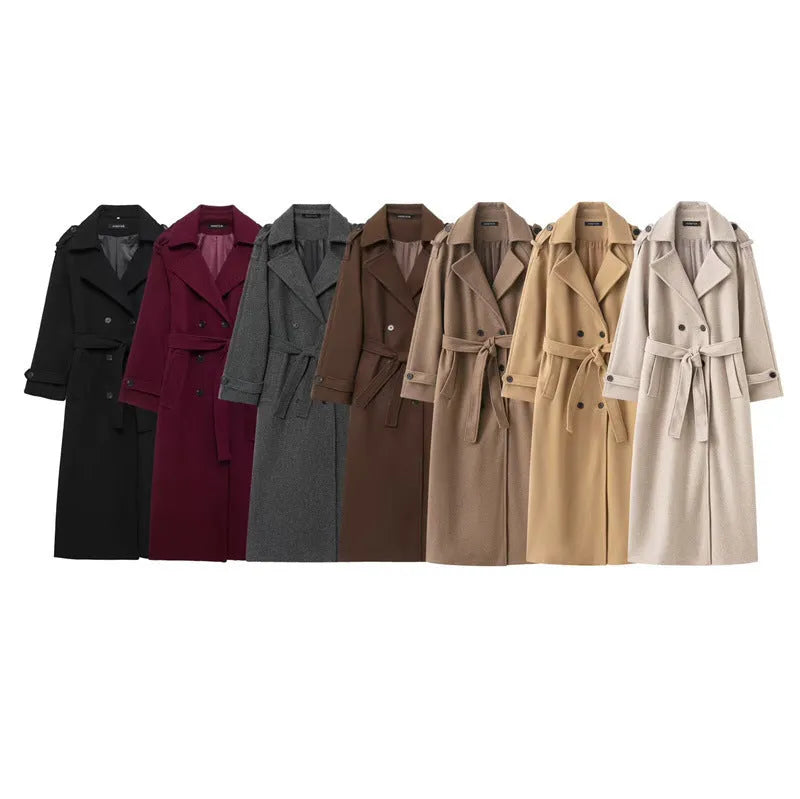 Women's double-breasted long wool coat regular fit with pockets in beige