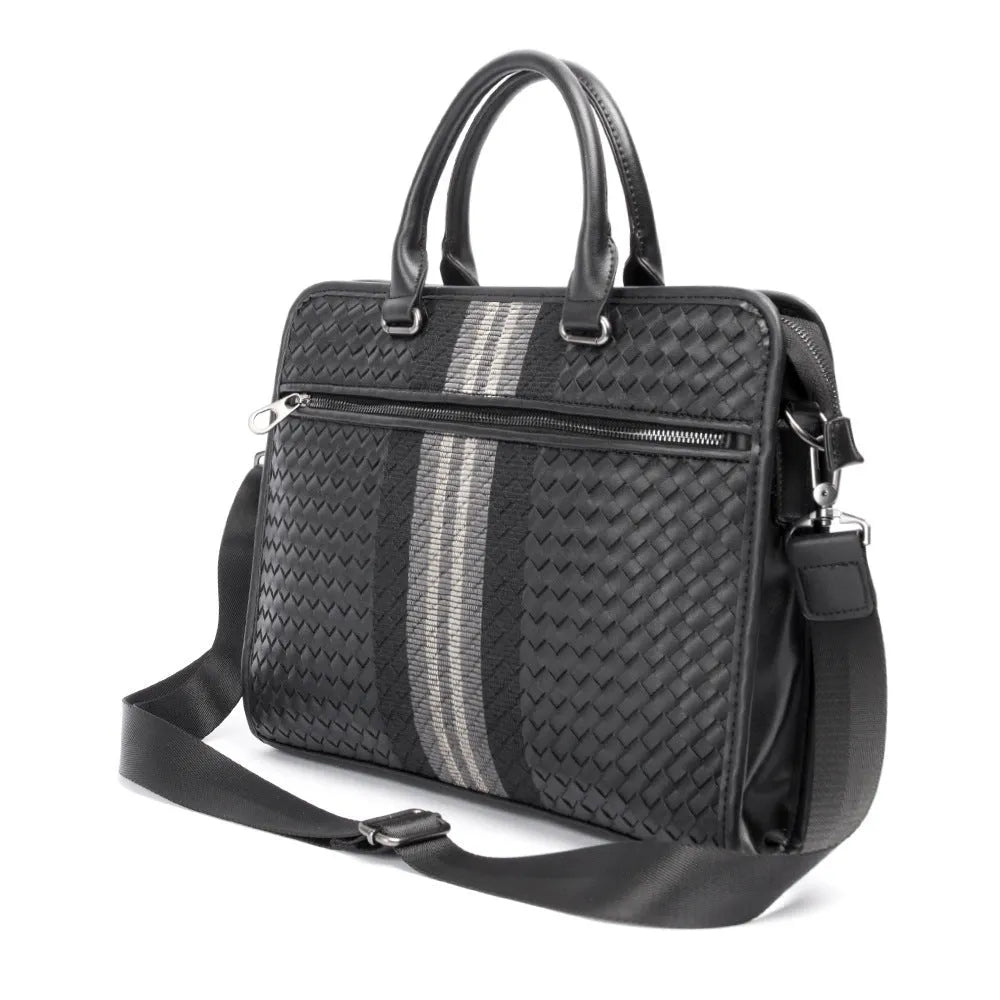 Black PU leather stitching woven business casual men's briefcase with shoulder strap and crossbody carry