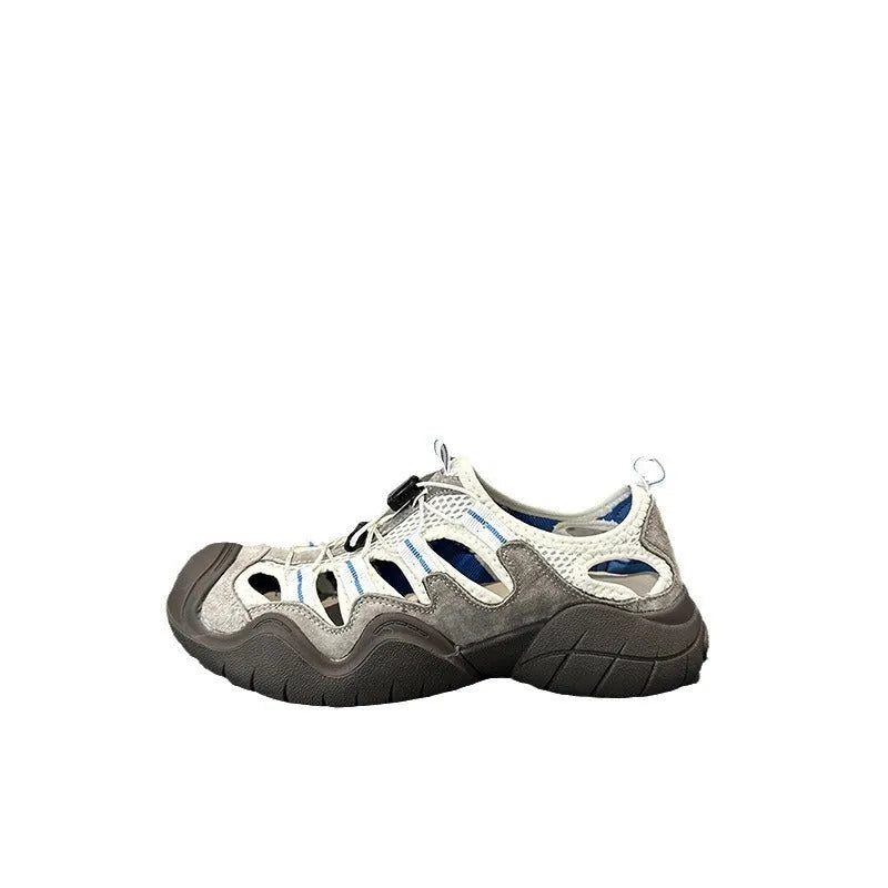 Women's Roman sandals in Quicksand Gray with pig suede leather upper, round toe, and ribbon stitching