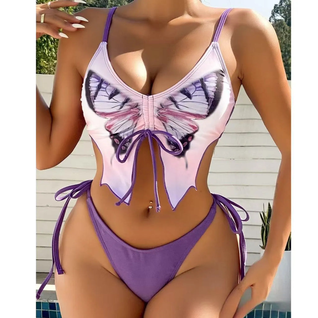 Women's purple bikini set with bow style top and high-cut briefs for swimming and fitness