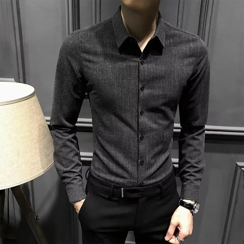 Men's black loose fit long sleeve polyester fibre shirt for autumn winter