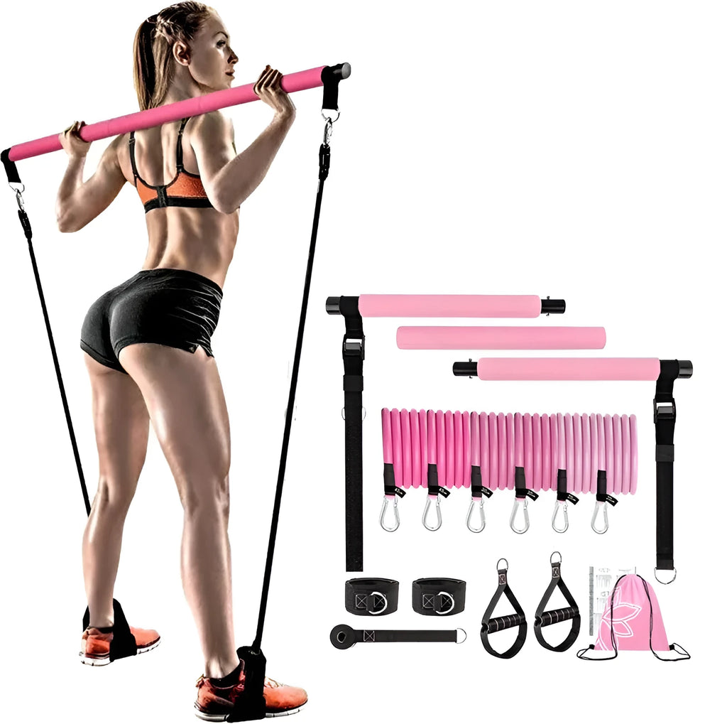 Women's rope stretch fitness stick 11-piece set showing pink, purple and black resistance sticks from 60 to 180 lbs