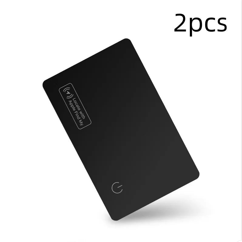 Black ultra-thin anti-loss card for Apple devices, shown next to a credit card for size comparison.