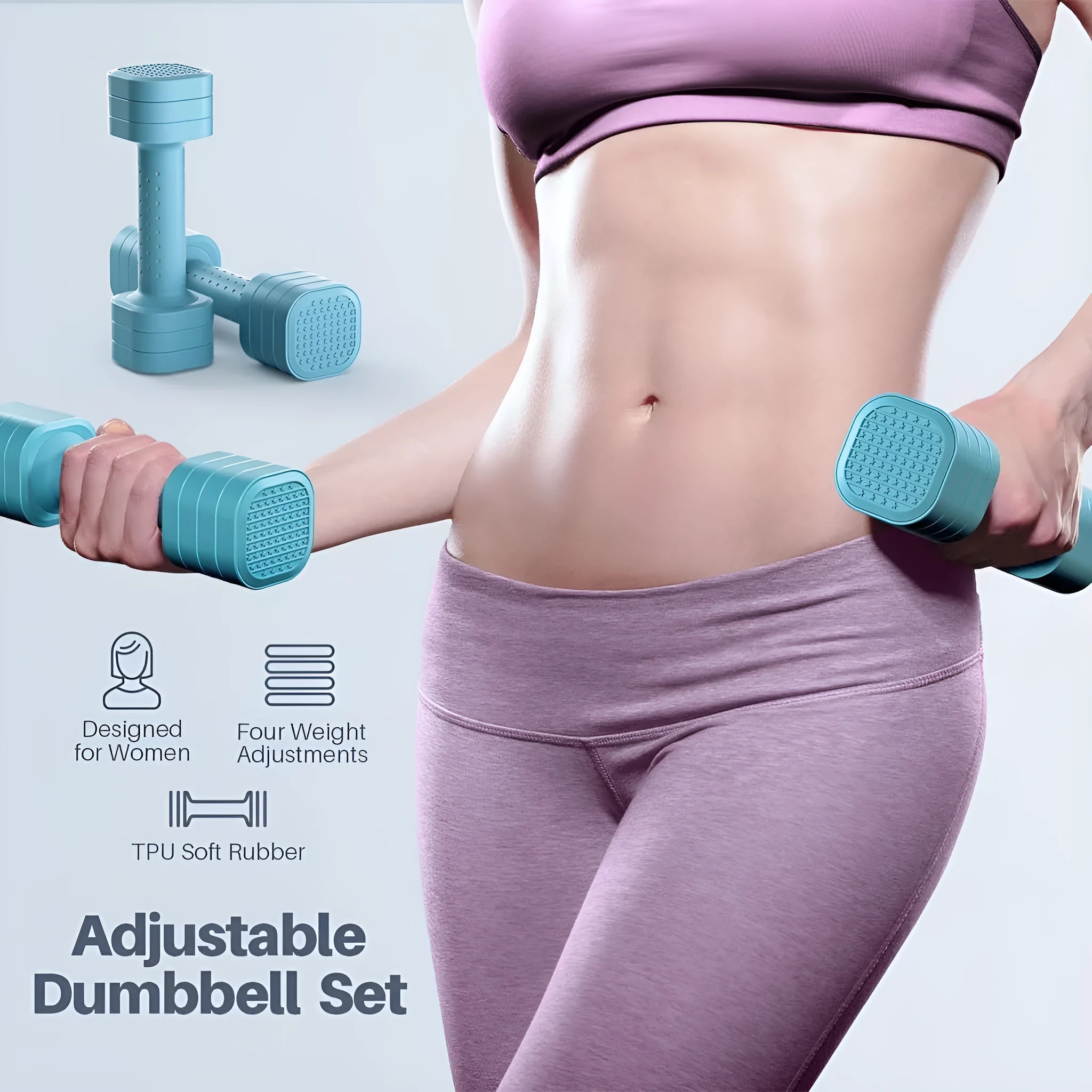 Pink and blue detachable ABS plastic dumbbell set for women's fitness and body shaping.