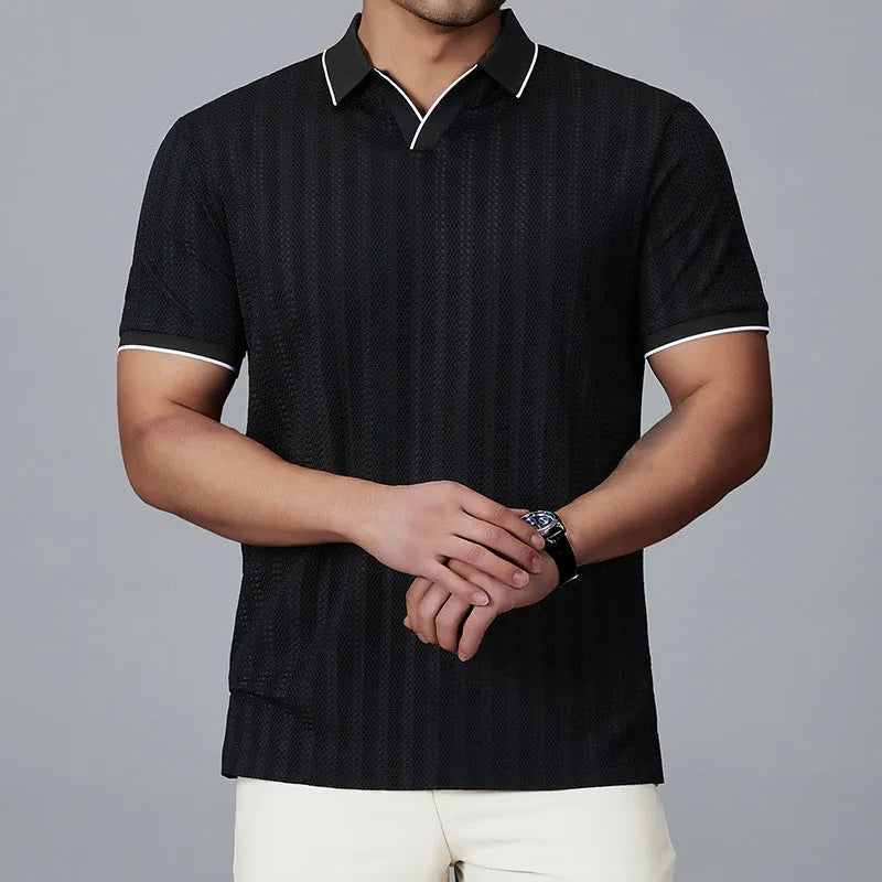 Men's light grey nylon polo shirt with short sleeves on hanger