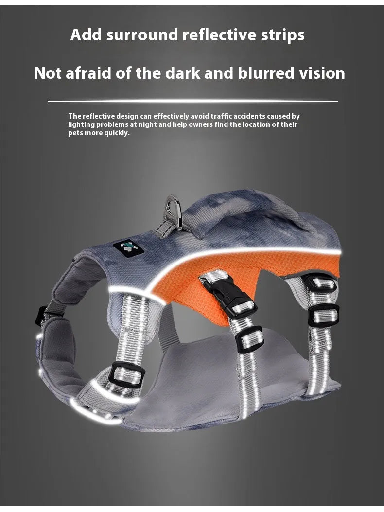 Reflective fluorescent dog harness chest strap in light blue colour, adjustable.