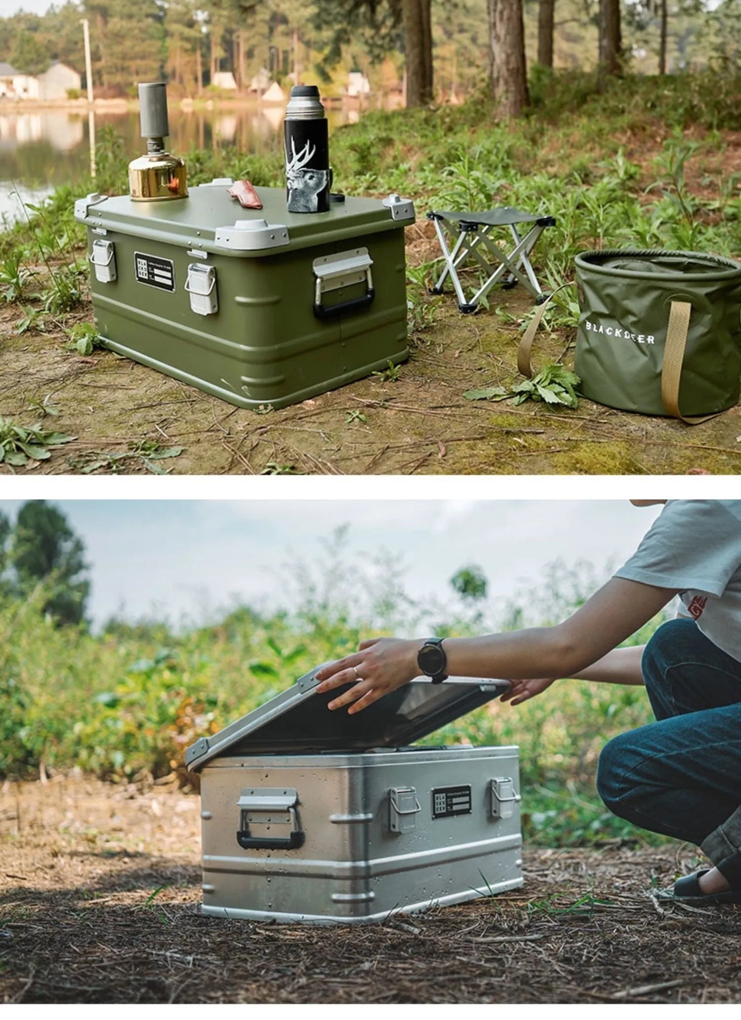 Aluminium alloy camping storage box with vehicle mounting in green colour