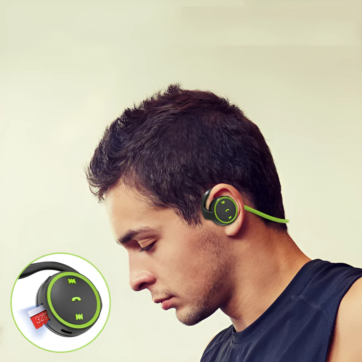 On-ear wireless sports Bluetooth headset in black with earring-style design, sponge ear caps and charging cable