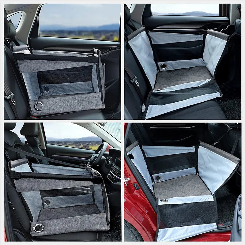 Oxford cloth foldable dog crate in black, shown next to a car