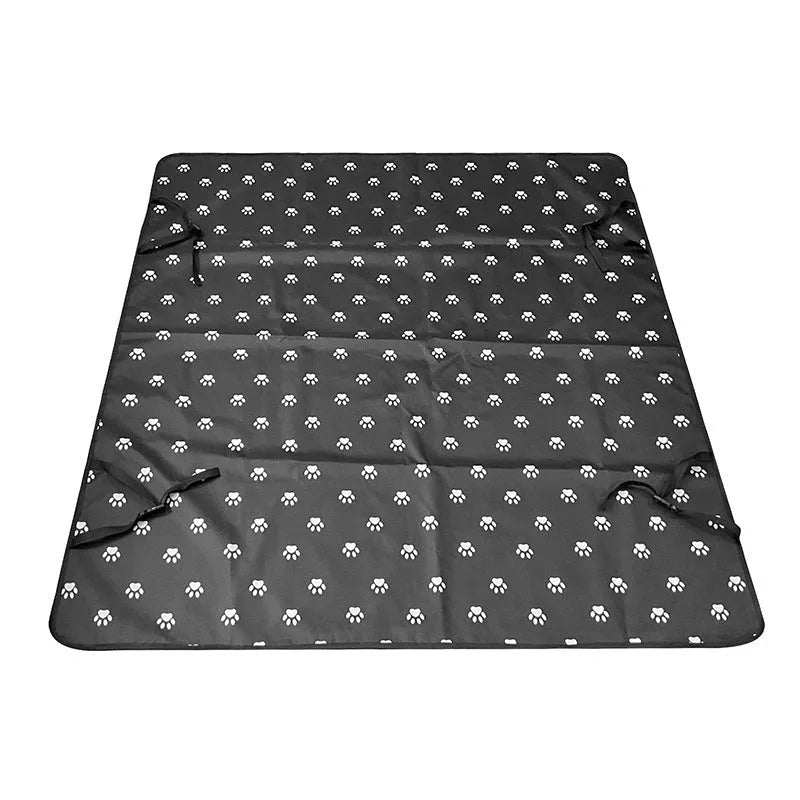 Grey car pet mat with dog bone print covering a vehicle's rear seat.