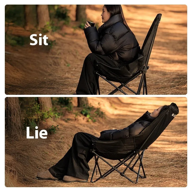 Night black portable folding moon chair in Oxford cloth for outdoor camping and beach use.