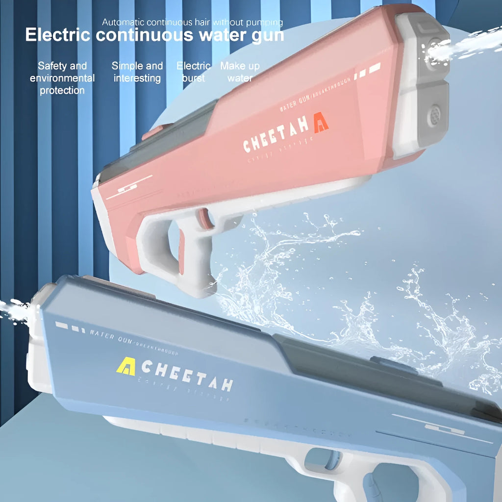 Fully electric water gun in sky blue with automatic water intake and 12m range for summer play